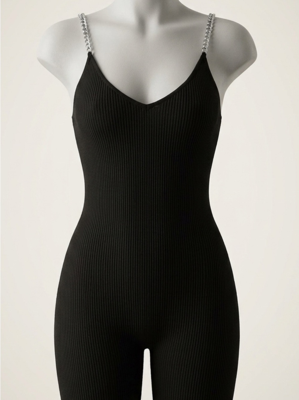 Almost Famous Black Ribbed Chain-Strap Jumpsuit